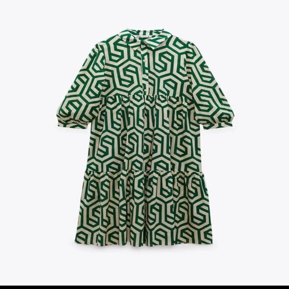 Zara Ecru White Green Geo Geometric Print Karen Tiered Midi Dress - Picture 2 of 7